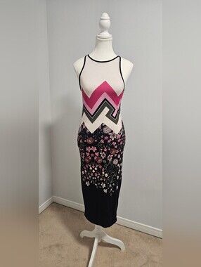 Ted Baker Sleeveless Pink Chevron & Floral Midi Dress